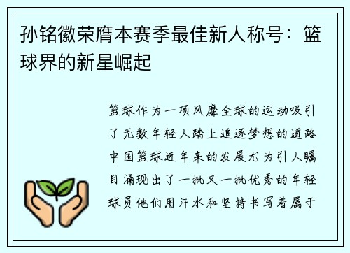 孙铭徽荣膺本赛季最佳新人称号：篮球界的新星崛起