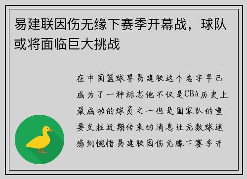 易建联因伤无缘下赛季开幕战，球队或将面临巨大挑战
