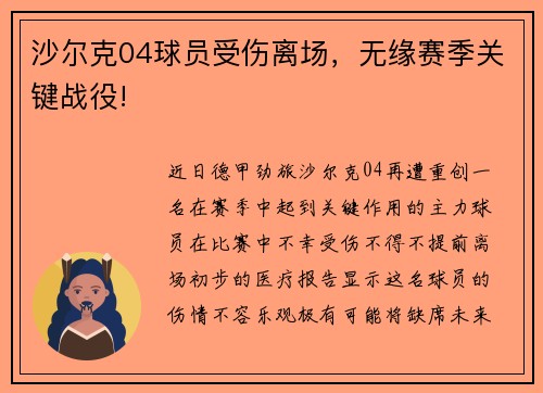 沙尔克04球员受伤离场，无缘赛季关键战役!