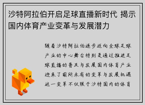 沙特阿拉伯开启足球直播新时代 揭示国内体育产业变革与发展潜力